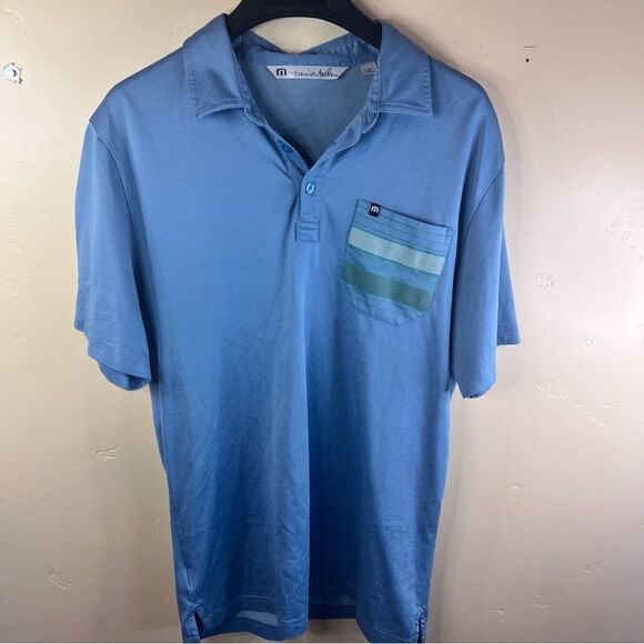 Travis Mathew Mens Pima Cotton Light Blue Striped Preppy Polo Size Medium Golf - Picture 1 of 7